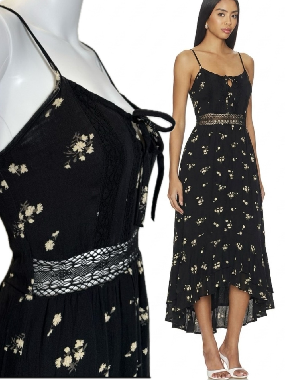 NWT Abercrombie & Fitch Black Floral Tiered Ruffle Lace Midi Sundress Size Small